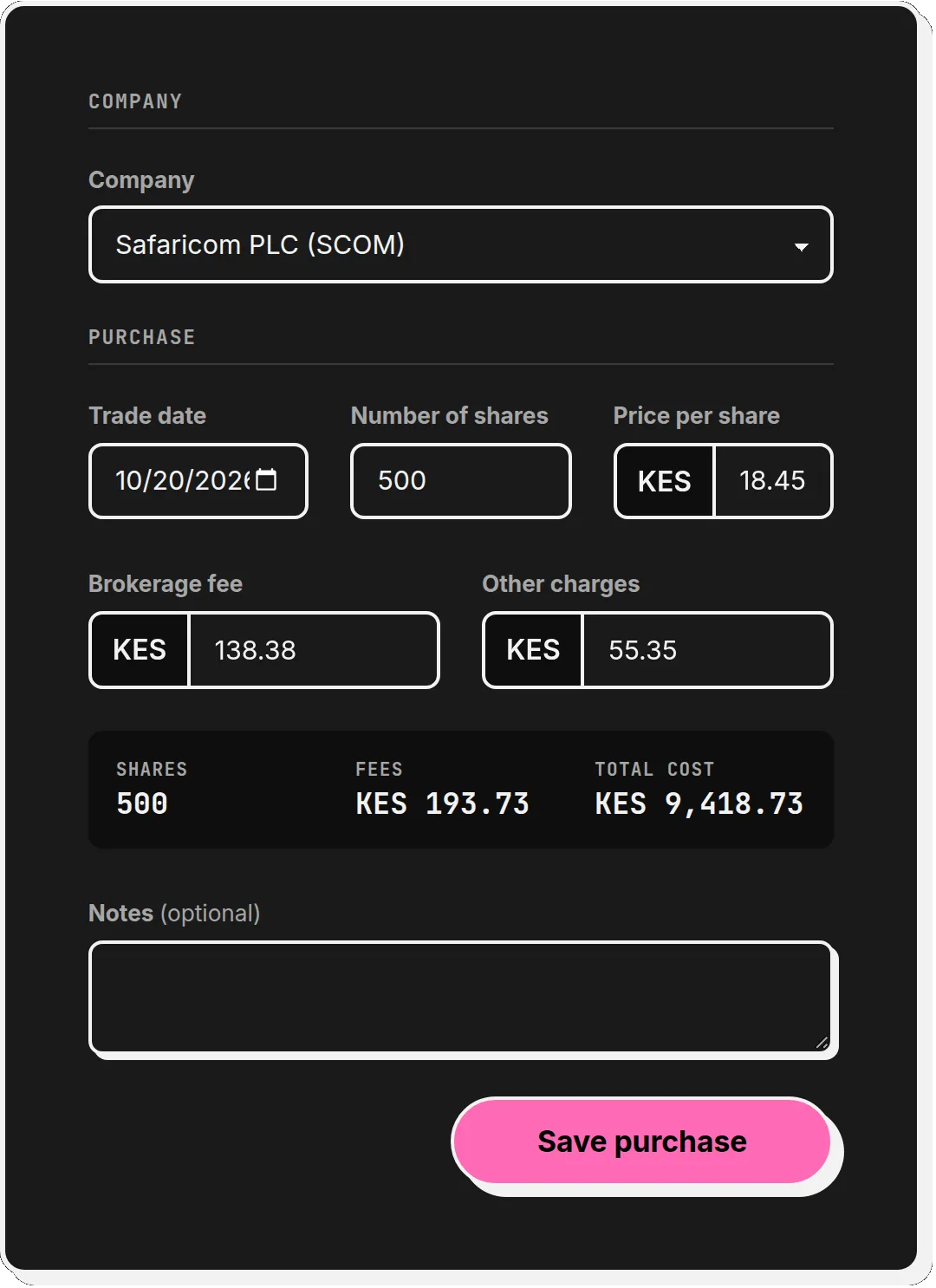 Clarifolio form for recording a share purchase: company, date, number of shares, price per share, brokerage fee and other charges