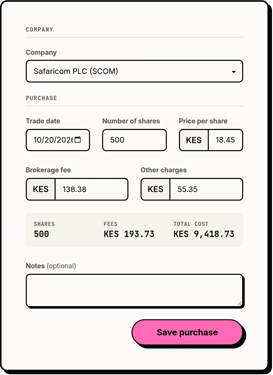 Clarifolio form for recording a share purchase: company, date, number of shares, price per share, brokerage fee and other charges